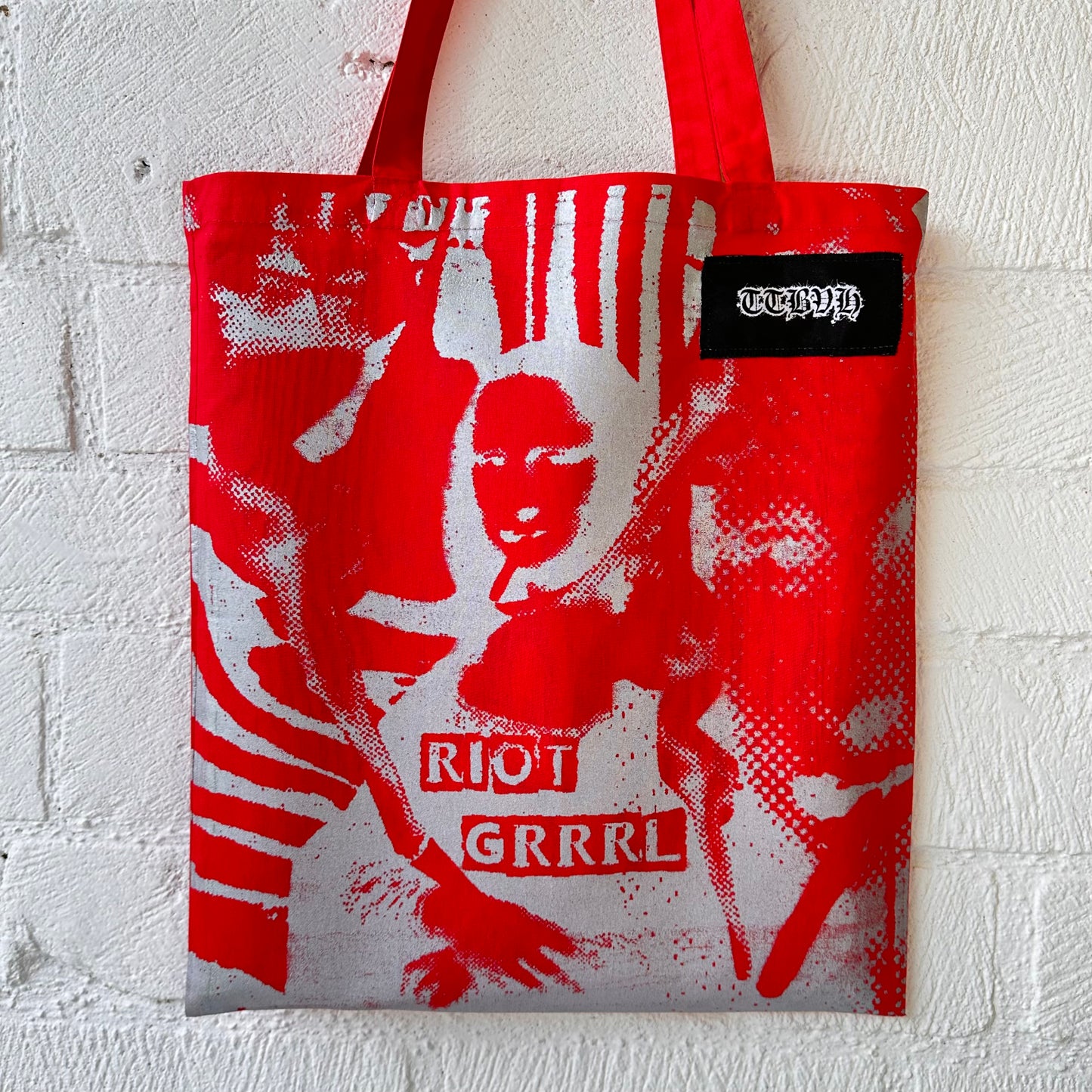 Riot Grrrl Mona Red & Metallic Silver Tote Bag